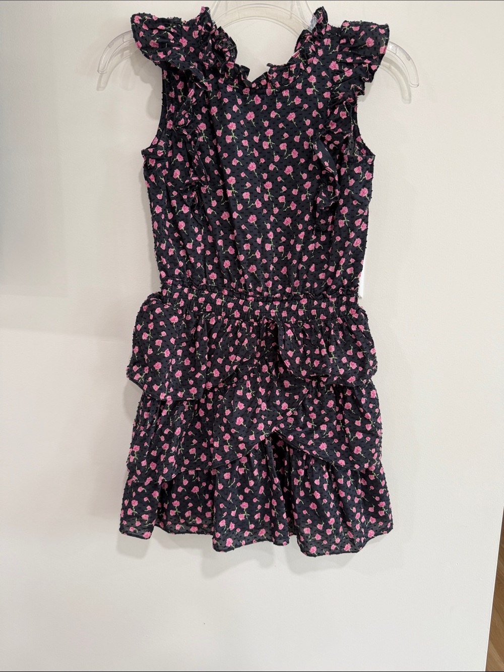 LoveShackFancy Black Dress with Pink Floral Print